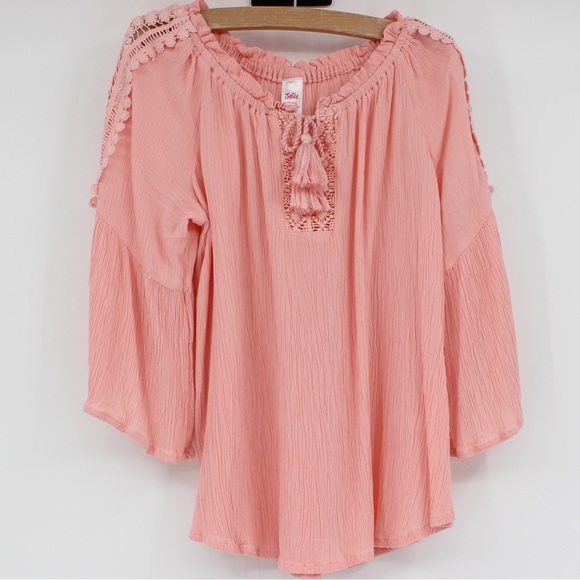 JUSTICE Girls Shirt Boho Flowy Pretty Blouse Tassels Coral Peach Lace Detail 10 - Picture 7 of 12